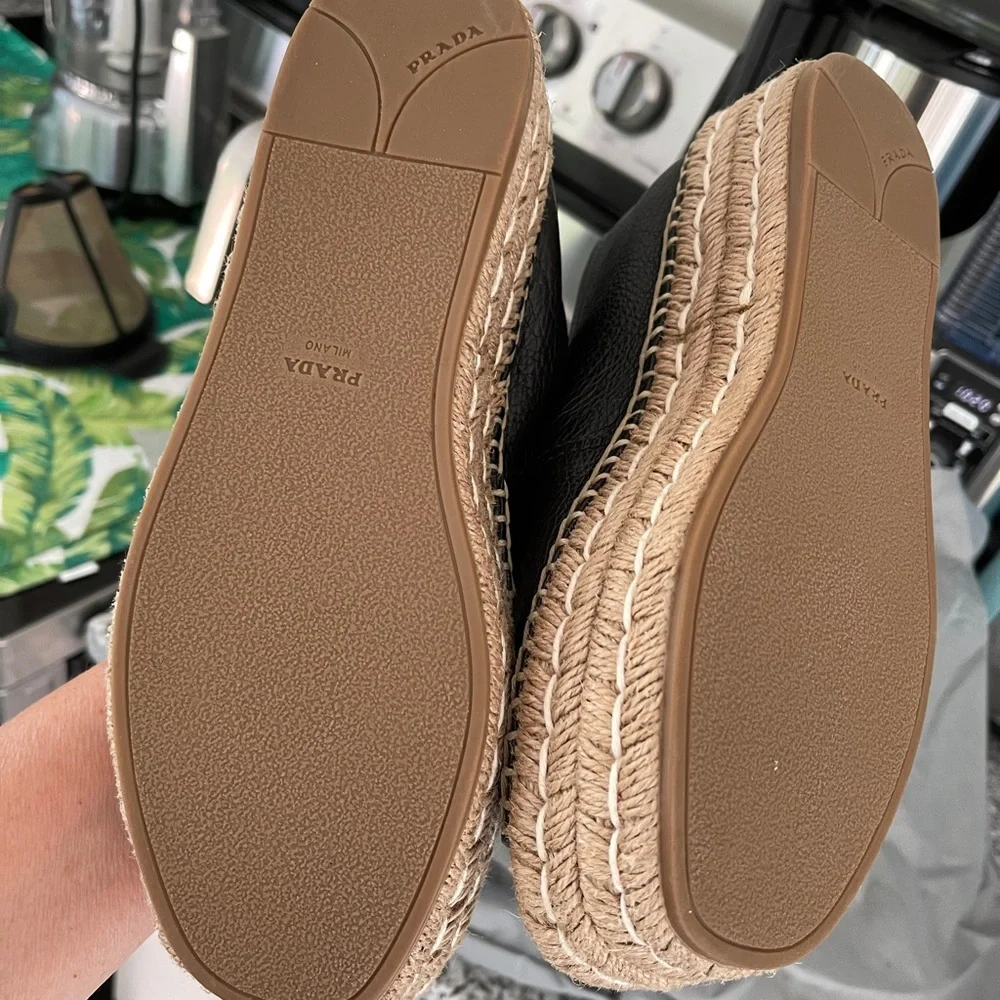 Prada Black Leather Platform Espadrilles with Light Blue Insole